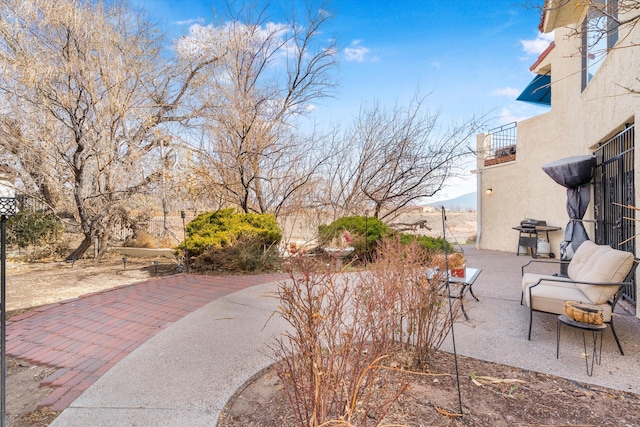 view of patio / terrace featuring area for grilling and a mountain view