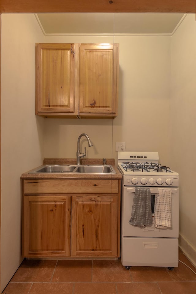 kitchen featuring crown molding, sink, and white range with gas stovetop