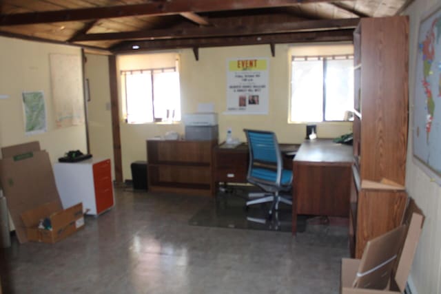 office featuring beam ceiling and wood ceiling