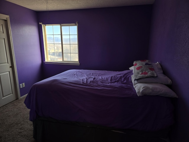 bedroom with carpet floors and a textured ceiling