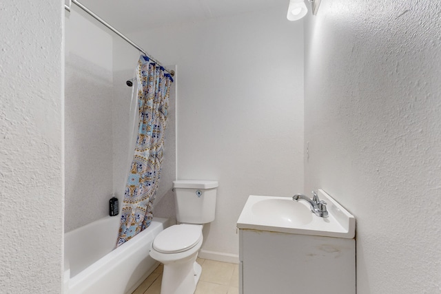 full bathroom featuring vanity, shower / tub combo, tile patterned floors, and toilet