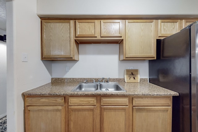 kitchen with stainless steel refrigerator, sink, and light brown cabinets