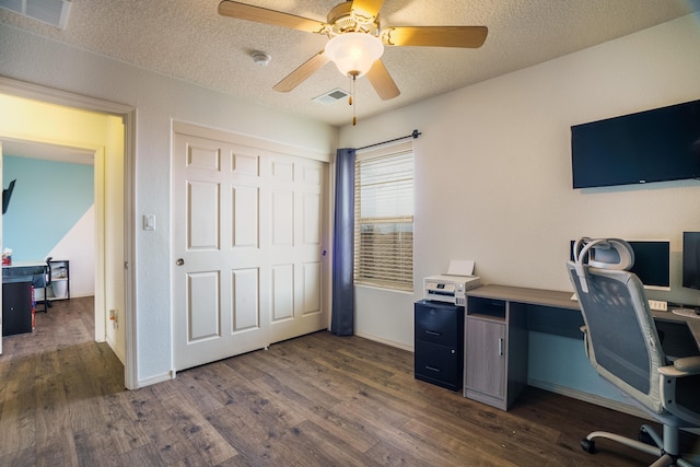 office featuring a textured ceiling, ceiling fan, and dark hardwood / wood-style floors