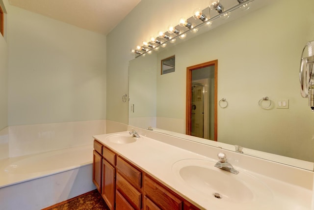 bathroom featuring vanity and independent shower and bath