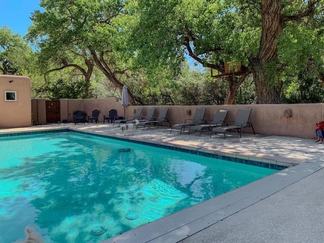 view of pool featuring a patio area, a fenced in pool, and fence