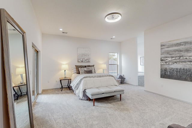 carpeted bedroom featuring recessed lighting, baseboards, and visible vents