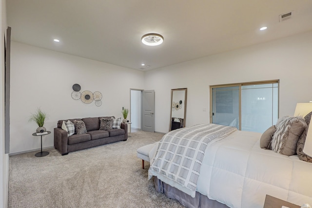 bedroom featuring carpet flooring, recessed lighting, and visible vents