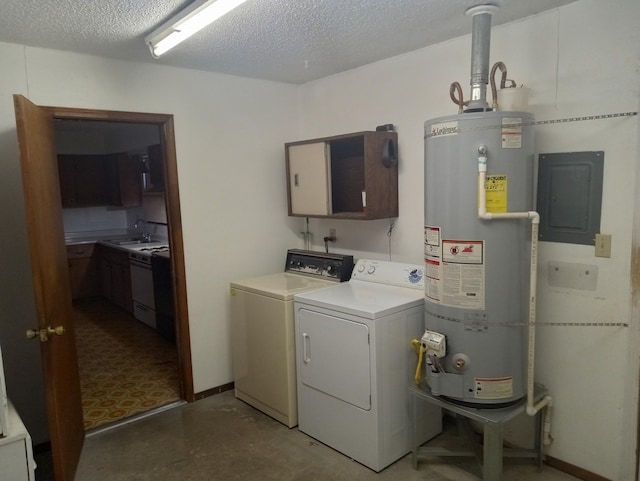 washroom with cabinets, electric panel, sink, washer and clothes dryer, and gas water heater