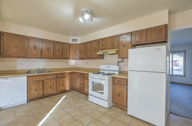 kitchen featuring white appliances, light colored carpet, and sink