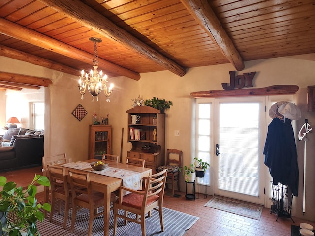 dining area with beamed ceiling, a chandelier, and wooden ceiling