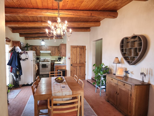 dining area with wooden ceiling, beamed ceiling, brick floor, and a chandelier