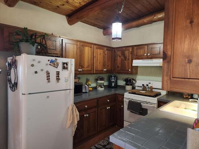 kitchen with white appliances, tile counters, wood ceiling, beamed ceiling, and sink