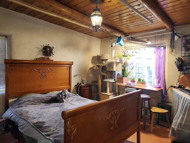 bedroom featuring wood ceiling and beam ceiling