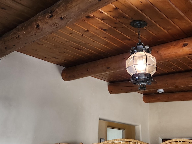 room details featuring wood ceiling and beam ceiling