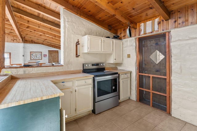 kitchen with lofted ceiling with beams, light tile patterned floors, wood ceiling, and electric stove