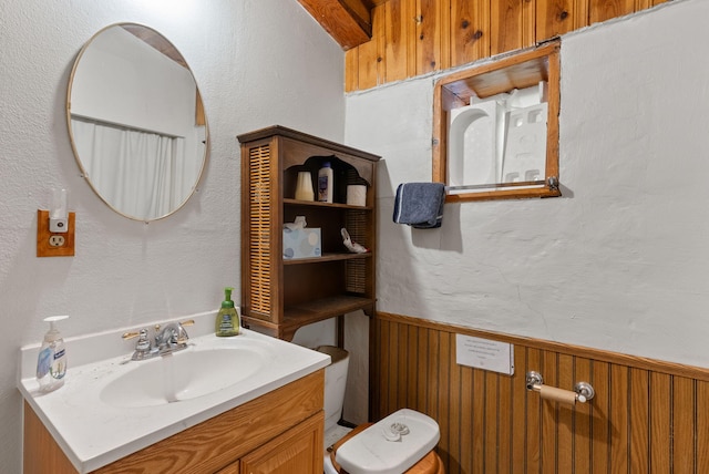 bathroom featuring vanity, wooden walls, and toilet