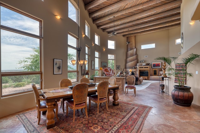 dining room featuring ceiling fan, wooden ceiling, beamed ceiling, and a high ceiling