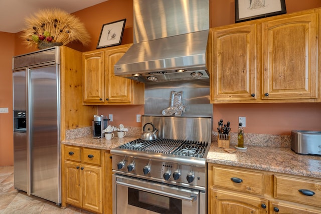 kitchen featuring high quality appliances, light stone countertops, and ventilation hood