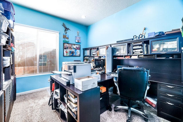 office space featuring carpet, a textured ceiling, and baseboards