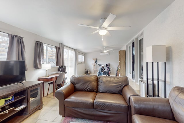 tiled living room with ceiling fan and a wall mounted air conditioner