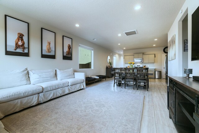 living room featuring a textured ceiling