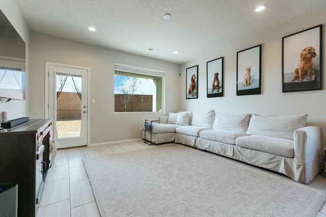 living room featuring a textured ceiling