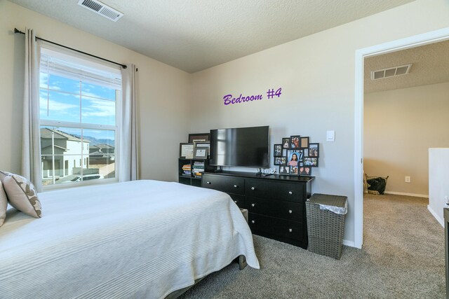 bedroom with carpet floors and a textured ceiling