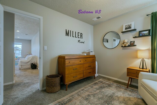 sitting room with a textured ceiling and carpet