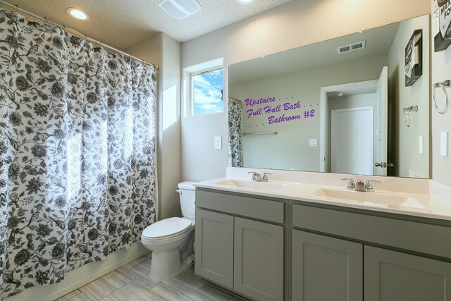 bathroom with toilet, a textured ceiling, and vanity