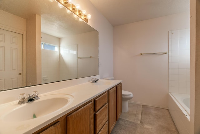 full bathroom featuring a textured ceiling, plus walk in shower, vanity, and toilet