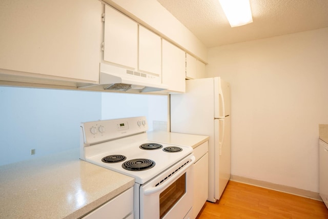 kitchen with a textured ceiling, light wood-type flooring, white cabinets, and white electric range oven