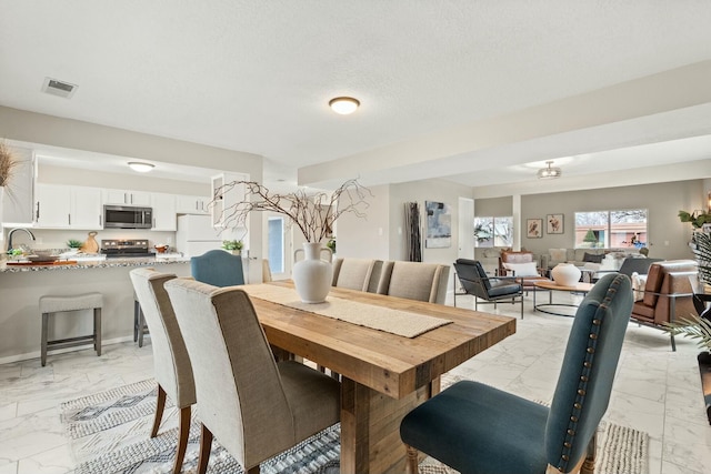 dining room featuring sink and a textured ceiling