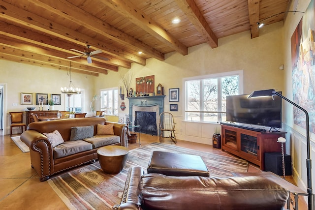 living room featuring ceiling fan with notable chandelier, a healthy amount of sunlight, beam ceiling, and wood ceiling