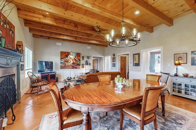 dining space featuring wood ceiling, light tile patterned floors, beamed ceiling, and ceiling fan with notable chandelier