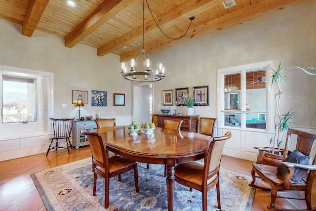 tiled dining room featuring wooden ceiling, a chandelier, and beamed ceiling