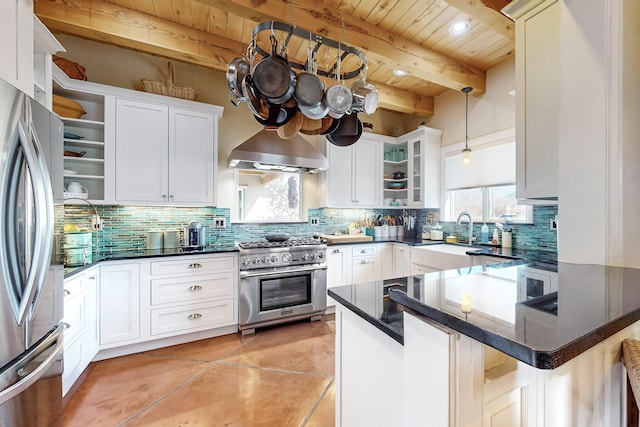 kitchen featuring kitchen peninsula, stainless steel appliances, wood ceiling, beam ceiling, and white cabinetry