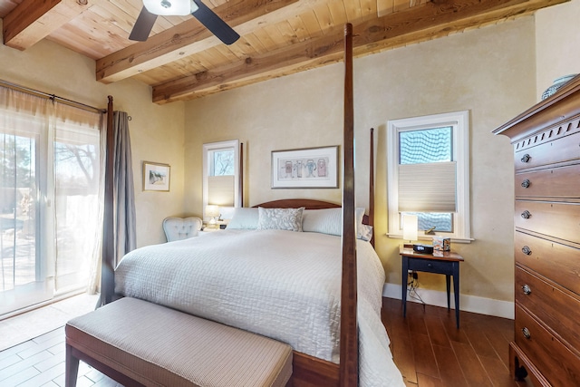 bedroom featuring ceiling fan, access to outside, wooden ceiling, and beam ceiling