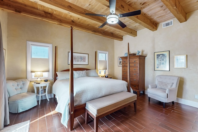 bedroom featuring beamed ceiling, ceiling fan, and wood ceiling