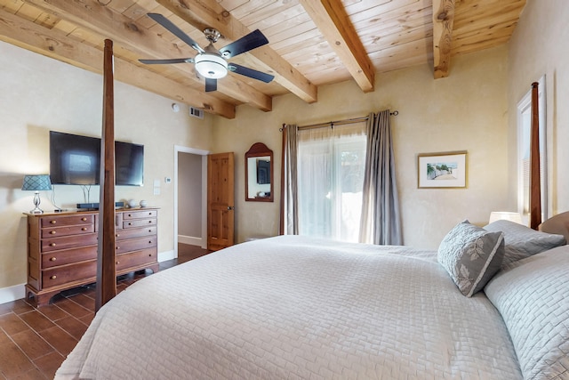 bedroom featuring beamed ceiling, ceiling fan, and wood ceiling