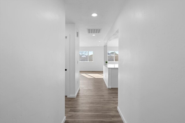 hallway featuring dark wood-type flooring