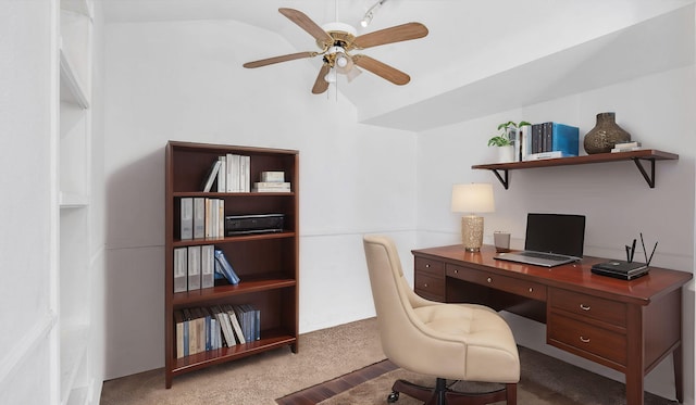 office area with carpet floors, lofted ceiling, and ceiling fan