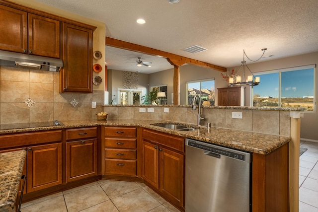 kitchen with ceiling fan with notable chandelier, light stone countertops, sink, kitchen peninsula, and stainless steel dishwasher