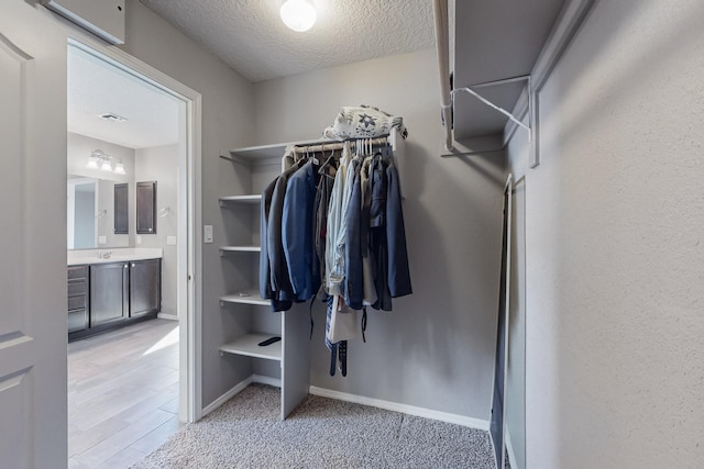 walk in closet featuring sink and light colored carpet