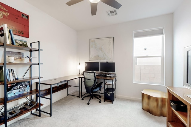 home office with light colored carpet and ceiling fan