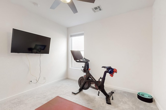 exercise area featuring ceiling fan and carpet flooring