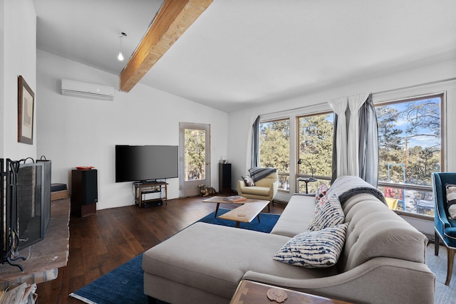 living room featuring lofted ceiling with beams, an AC wall unit, dark hardwood / wood-style flooring, and a wealth of natural light