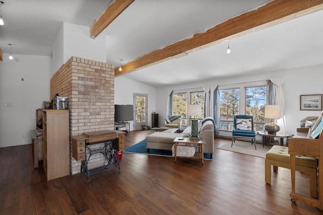 living room featuring lofted ceiling with beams and dark hardwood / wood-style floors