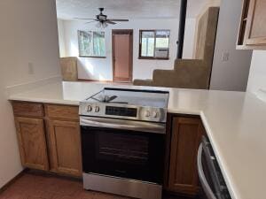 kitchen with ceiling fan, stainless steel electric range oven, and dishwasher