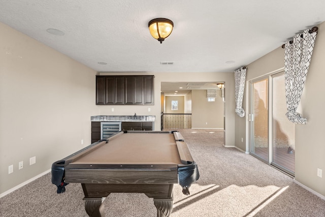 rec room featuring indoor wet bar, beverage cooler, carpet floors, and billiards