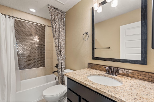 full bathroom featuring toilet, shower / bath combo, tasteful backsplash, and vanity